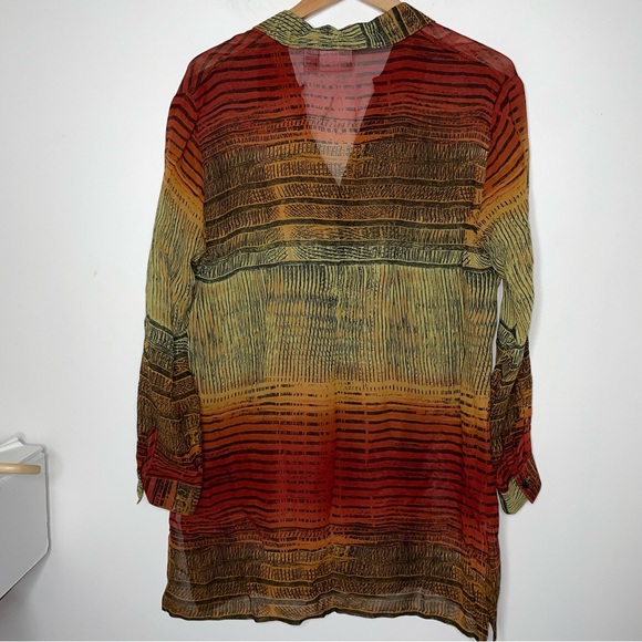 Chico's Design Sheer Long Sleeve Blouse Tunic Rayon Burnt Orange Tribal Print - Picture 11 of 16